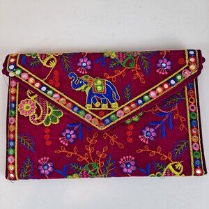 Bright Pink Clutch Bag Colorful Embroidery Elephants Floral Mirror Details NWOT